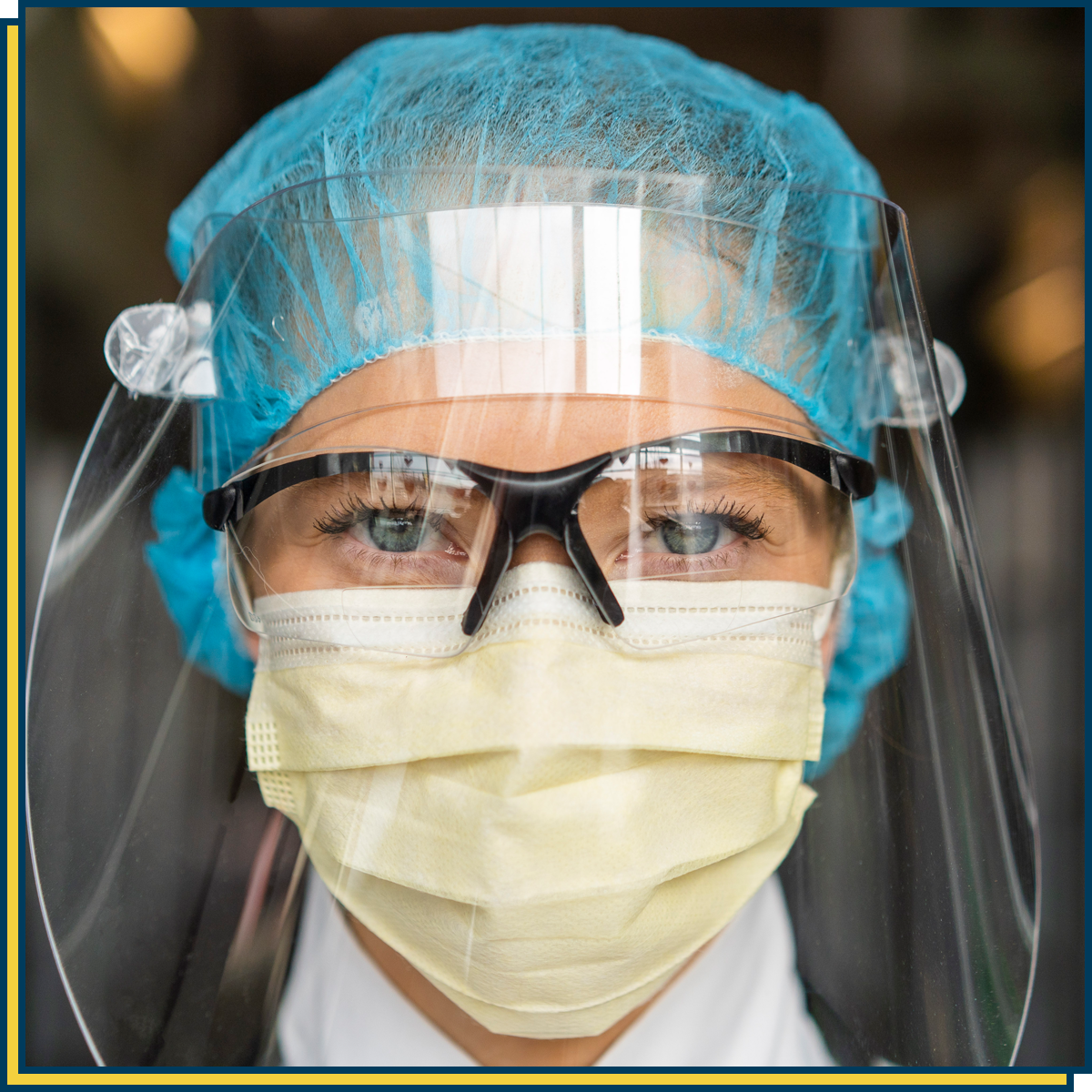 Woman wearing face protection and mask